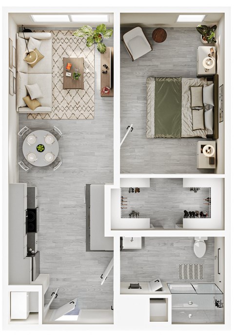 a 3d rendering of a 1 bedroom floor plan and a bathroom